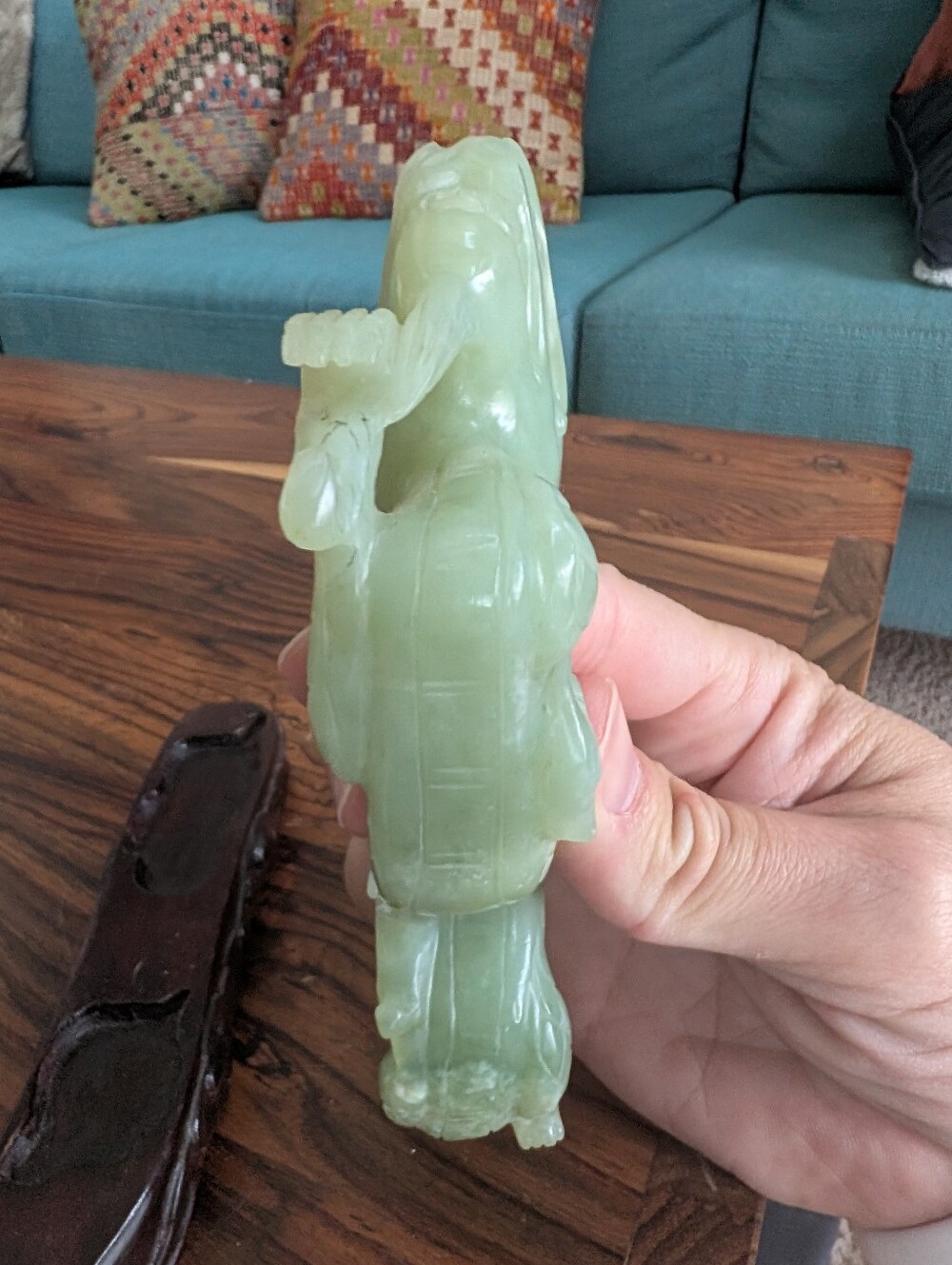 Carved Green Serpentine Jade Dragon Figurine Statue with Wooden Base - Picture 10 of 16